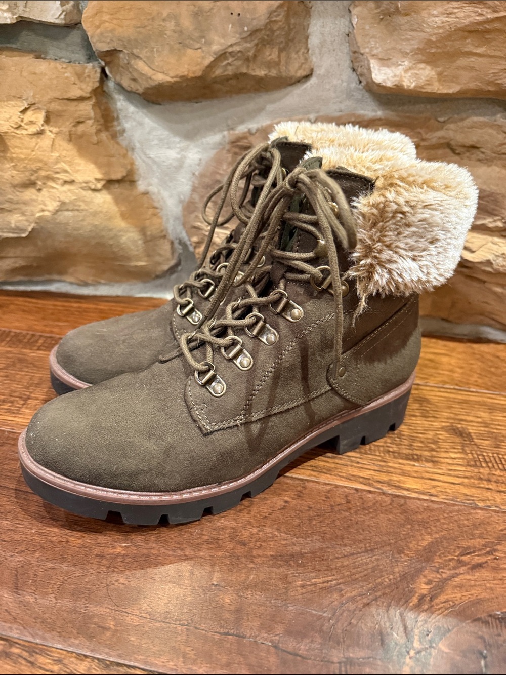 Cliffs by WHITE MOUNTAIN Olive Lace-Up Faux-Fur Collar Ankle Boots
